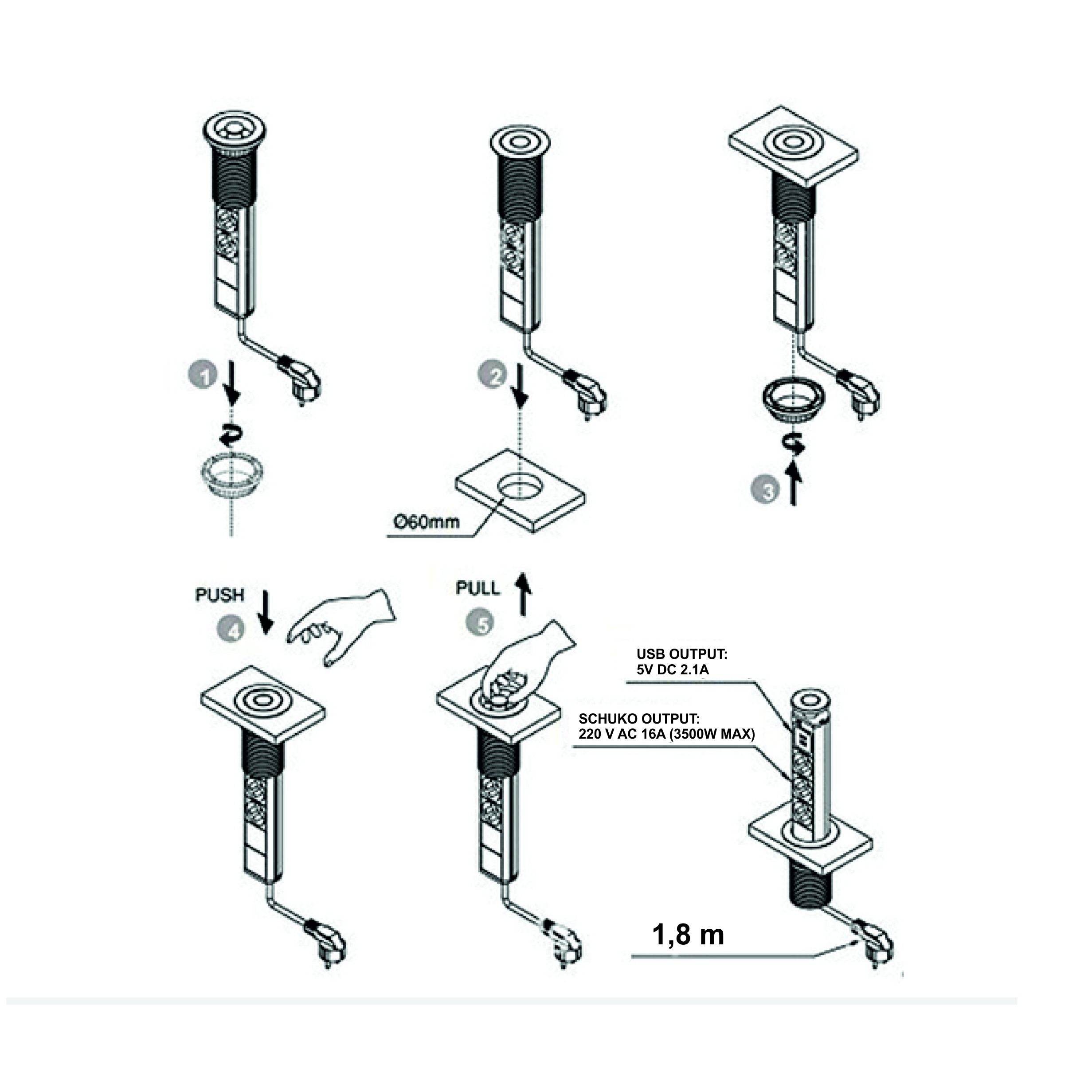 Блок розеток выдвижной вертикальный Sonnig /3 EURO + 2 USB/ Серебро