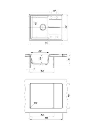 Мойка "Оливия" 620*480*180мм базальт, б/сифона
