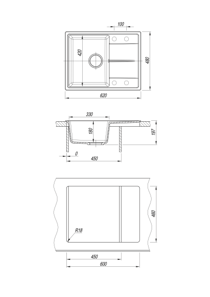 Мойка "Оливия" 620*480*180мм латте, б/сифона