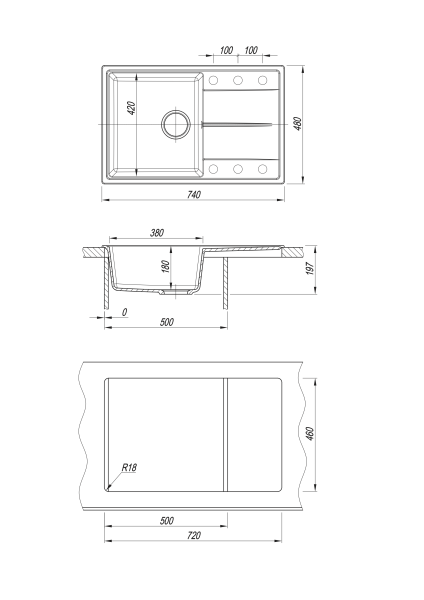 Мойка "Оливия" 740*480*180мм графит, б/сифона